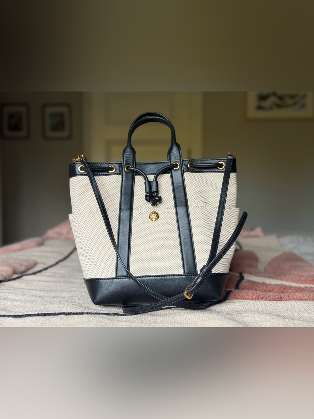 Veronica Beard Goody Canvas & Black Leather Shoulder Bag